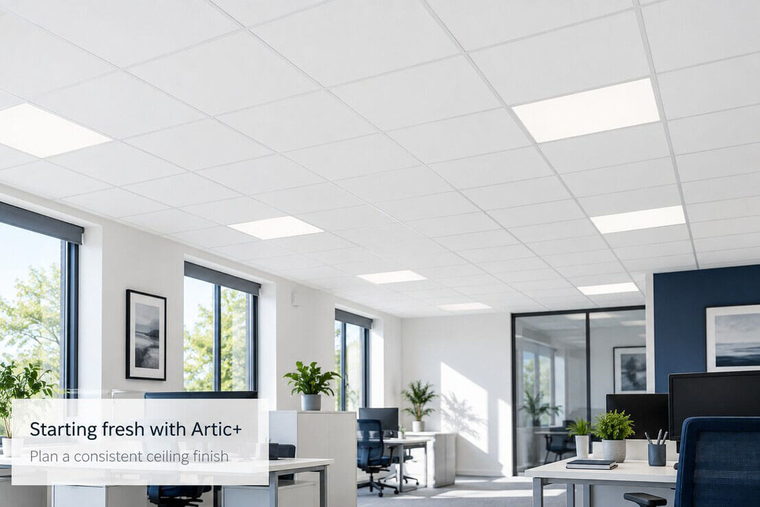 Bright modern office illustrating a consistent white suspended ceiling finish
