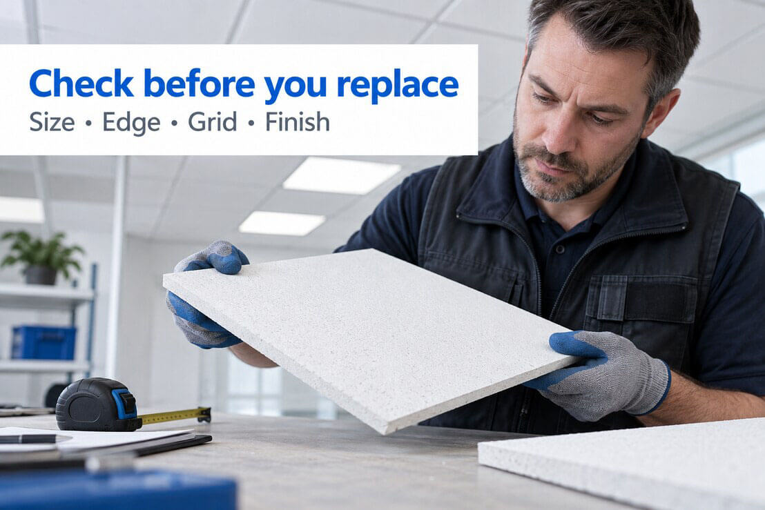 Maintenance worker inspecting a ceiling tile before checking its size, edge, grid compatibility and finish